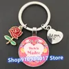 Nouveau I Love Mom Round Glass Key Chain Beautiful Enamel Red Rose Mom Pendant Key Chain pour la chaîne de clés cadeaux de la fête des mères.