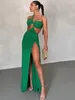 Casual jurken Fashion Green Black Dress 2024 Diagonale nekuitgesneden Lange zomer open rug sexy damesfeestavond