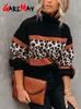 Suéter de estampa de leopardo preto Mulheres saltadoras de animais soltas de tamanho grande de camisola listrada de inverno de malha de malha de gola alta para mulheres