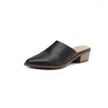 Slippers Summer Femmes Véritable chaussures en cuir pour couverture Toe Toe Chunky Talon Mules Sandals Sandals Elegent Fabriqué