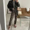 Kvinnors byxor retro chic leopard tryck blyerts för kvinnor mode avslappnad hög midja lång byxfjäder kvinnlig y2k pendling byxor