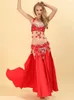 Stage Wear Women Adult Belly Dance Bra Beaded Split Skirt Bow Big Swing Long Dress Mesh Ethnic Dancewear Performance Three Piece Sets