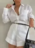 White Cotton Linen Loose Shorts Shirts Sets Long Sleeves Lapel Blouse High Waist Casual Suit Highstreet Lady Outfits 240326