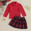 Kleidungsstücke Kinder Baby Girls 2-teilige Outfits Autumn Red Long Sleeve Ripped T-Shirts und Plaid A-Line Minirock Weihnachtsfeier Girl