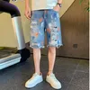 Shorts maschile graffiti uomini strade denim versione coreana Trend pantaloni a cinque punti dritti a cinque punti strappati jeans sciolti maschio