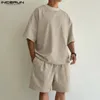 Incerun in stile coreano da uomo set sottili texture top a maniche corte traspirabili cortometraggi casual strade a due set s5xl 240409