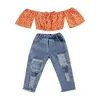 Set di abbigliamento da 0-5t per bambini per bambini estate set per bambini abiti floreali fuori spalla tops buco pantaloni in denim vestito abito