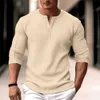 Мужские футболки весна/осень Новые мужчины Топ Элегантная мода Henley Neck Slim Fit Top Men Casual Solid Waffle-Hetable For-Printeve с длинным рукавом