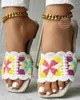Slippers Women Crochet Floral Pattern Square Toe Shoes Flat Holographic Braided Post Beach Flip Flops