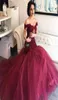 Burgundy Mermaid Prompare с плеча кружевными аппликациями Tutu Tule Bridal Guest Dress Sweep Lear