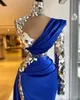 Royal Blue Beaded Crystal African Dresses Luxurious Aso Ebi Mermaid Prom Dress One Long Sleeve Formal Evening Party Gowns Split Floor Length