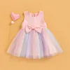 Girl's jurken peuter kinderen meisjes prinses jurk mouwloze bowknot regenboog kleur tule tutu jurk zomer verjaardagsfeestje optochtjurk