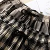 Zwarte plaid vintage elastische hoge taille veter wideleg losse dames broek Koreaanse mode anklellengte voor vrouwen 240411