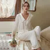 Kobiety piżamy z guzikami seksowne satyny 2pcs Zestaw snu Summer Lapel Cirtpants Suit Długie rękaw do snu elastyczna bielizna talia