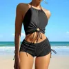 Swimwear pour femmes 2pcs / set Femmes Summer Bikini Set Hollow Out Halter Bra High Taille à crampons