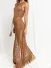 Jemeigar Crochet Knit Hollow Out Maxi sukienka elegancka patrz na plażę wysoką talię rękawów