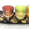 Kandelhouders vlammenloze kaarsen flikkeren batterij bediende groenachtige set van 3 decoraties ornamenten met decoratief blad en kiezelstenen
