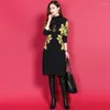 Casual jurken herfst winter losse printing a-line jurk dames dames lange mouw mode all-match bodem robe femme femme toevoegen pluche midi vestido