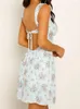 カジュアルドレスChronstyle Retro Women Summer a-line Mini Dress Seveless Backless que-up Floral Print Square Neck Ruched Female Vestidos