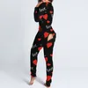 セクシーなレディースワンズパジャマのボタンダウンジャンプスーツラブプリント女性スリープウェア機能ボタン型フラップ大人パジャマホーム服