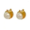 Hoop Earrings Korean Gold Color Round Pearl For Women Fashion Elegant Design Back Hanging Hoops Wedding Jewelry