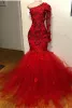 Elegant Red Prom Dresses One Shoulder Long Sleeves Mermaid Evening Gowns 2024 Lace Appliques Beads handmade Flowers Special Occasion Dress