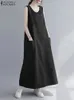 ZANZEA Adjustable Shoulder Straps Dresses Summer Women Sleeveless Maxi Dress Fashion Workwear Pockets Vestidos Streetwear 240411