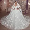 Modern Lace Flowers A Line Wedding Dresses Plus Size Bridal Dress Backless Sheer Neck Pearls Beaded Bride Ball Gown