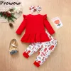 Trousers Prowow 03Y Baby Girl Christmas Outfit For Kids Ruffles Red Tshirts+Pants+Headband My First Christmas Toddler New Year Costume
