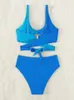 Vigoashely 2024 Blue Patchwork Bikini Set High Waist Hollow Swimsuit Women Sexy Strapped Swimwear Biquinis Push UP Bathing Suit