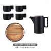 Mugs 4 Mug 1 Kettle Tray Ceramic Coffee Pot Set Black White 150ml Cup 1050ml With Acacia Lid Tea