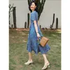 French Retro Silk Dress Summer 2023 Long Temperament Slim Vneck Mulberry Ruffle Blue Tea Break 240401