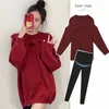 Pull rouge de style coréen pour la maternité hiver plus taille enceinte de tricots pour femmes enceintes longues lâches de grossesse décontractée