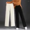 Women's Pants High Waist Plus Velvet Wide Leg Warm Korean Fashion Solid Color Pocket Winter Casual Baggy Streetwear 2024