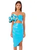 Work Dresses One Shoulder Printed Blue 2 Piece Set Sexy Strapless Ruffle Crop Top And Skirt PU Ladies Suit Summer Women's