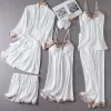 En dentelle sexy 5pcs Paintes de peignoir ensemble Femmes Pyjamas Set Loungewear Spring Summer Satin Kimono Robe Suit Sleeping Varse