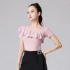 Bühnenbekleidung Feste Farbe Latin Tanz Kostüm Abend Tops Tango Jazz Strass Walzer 2024 Bauch Frau Kurzarm Rüschen T-Shirt