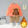 Trousers Baby boy clothes autumn winter plus velvet warm thickening suit boys and girls cartoon bear sweater + corduroy pants baby 2pcs