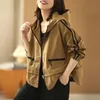 Spring Autumn 2023 Khaki Black Casual Coat Women New Long-Sleeved Hooded Jacket Loose Plus-Size Zipper Pocket Windbreaker Female