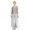 2024 Mother of the Bride Dress Pant Suits Silver Customized Spaghetti Straps Top Long Pants Sheer Lace Jacket with Sleeves 3 Pieces