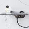 Bath Shower Faucets Brass Bathtub Mixer Hot & Cold Waterfall Taps Dual Handle Shelf Temperature Display Wall Mount Gun Grey New