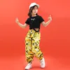 キッドクールヒップホップ服ブラックTシャツタンクトップカモフラージガールズジャズダンスコスチューム用服を着たタクティカルカーゴパンツ服を着る