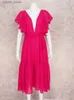 Grundläggande avslappnade klänningar 2024 Elegant Pink Puff Sleeve Dress Women Holiday Beach sundress Midi A-line Sexig ihålig ut korta ärmklänningar Vestido A1129 L49