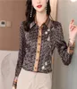 2022 Moda Silk Print Brown camisa feminina de manga longa designer de botões de lapidação Bloups Spring Office Office Ladies Shirts Runway WOMA5069043