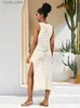 Abiti casual di base Abitali White White Mesh Wrappose a fessura a fessura da spiaggia 2024 Summer Woman sexy Cavalna da spiaggia a maglia Maxi Abiti Q1513 L49