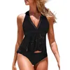 Koronki damskiej stroje kąpielowej Otwarte plecy Ruffled Halter Tankini Set Black Push Up Sets Sexy Swimsuit Dwaj kawałki kobiety 2024 Kąpiel na plaży