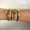 Bangle New Design Gold Color Zircon And Cross Nut Nail Bracelet Bangles For Woman Metal Stainless Steel Waterproof Jewelry Wholesale 240411