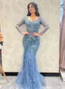 Serene Hill Arabic Blue Mermaid Elegant Feather Pärlade kvällsklänningar klänningar för Women Party 2024 LA71818