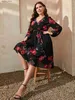 Basic Casual Kleider Chic Plus Size Blumendruck gegen Hals Midi Gürtramm Kleid Frauen lässige Kleidung Schwarze Langarmparty Elegante Vintage -Kleider L49