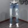 Mäns jeans high street mode män retro blå stretch mager fit rippad läder lapped designer hip hop varumärke byxor hombre